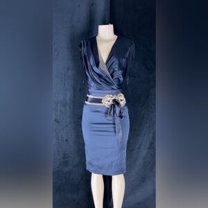 Elegant Navy Wrap Dress with Embellished Belt by Mandalay
